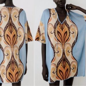 Zara Blue Orange Cream Patterned Mini Dress